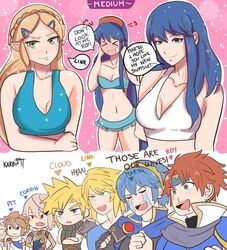 3girls absurdres armor bikini blonde_hair blue_hair breasts breath_of_the_wild caeda_(fire_emblem) cape cloud_strife corrin_(fire_emblem) corrin_(fire_emblem)_(male) crossover female final_fantasy final_fantasy_vii fire_emblem fire_emblem:_mystery_of_the_emblem fire_emblem:_shadow_dragon_and_the_blade_of_light fire_emblem:_the_binding_blade fire_emblem_awakening fire_emblem_fates french_hood hairband headband highres hylian jewelry karbuitt kid_icarus kid_icarus_uprising lilina_(fire_emblem) link link_(breath_of_the_wild) long_hair male marth_(fire_emblem) medium_breasts multiple_males nintendo pale_skin pit_(kid_icarus) pointy_ears ponytail princess_zelda robin_(fire_emblem) robin_(fire_emblem)_(male) roy_(fire_emblem) short_hair simple_background smile super_smash_bros. swimsuit the_legend_of_zelda tiara tunic white_hair zelda_(breath_of_the_wild)