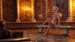 1boy 1girls 3d areolae barefoot breasts cd_projekt_red ciri dark-skinned_male green_eyes looking_at_partner niodreth nipples scar sitting spread_legs the_witcher_(series) the_witcher_3:_wild_hunt white_hair