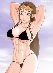 1girls abs armpits arms_behind_head big_breasts bikini blue_eyes breasts brown_hair busty cleavage elee0228 female female_only large_breasts looking_at_viewer muscles muscular muscular_female nintendo pointy_ears pose posing princess_zelda rodjim sensual solo the_legend_of_zelda twilight_princess voluptuous zelda_(twilight_princess)