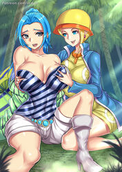 2girls breast_grab breasts dress female female_only hat huge_breasts mikita_(one_piece) miss_valentine multiple_girls nefertari_vivi one_piece redjet shorts sitting tagme yuri