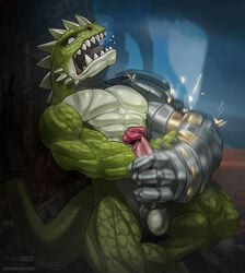 2017 abs animal_genitalia anthro armor balls big_penis big_tail clothing dinolfos dinosaur ejaculation front_view gauntlets gloves green_scales green_tail hand_on_penis hi_res kneeling long_penis male male_only malfunction masturbation messy muscular muscular_male nintendo nude open_mouth pecs penile_masturbation penis pink_penis raptor scales scalie sharp_teeth solo spikes spread_legs spreading standing stroking teeth the_legend_of_zelda theropod thick_tail todex twilight_princess vein veiny_penis video_games white_balls white_skin