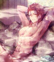 1boy abs granblue_fantasy hand_behind_head hot_spring kyuuri looking_at_viewer male_only muscles nipples percival_(granblue_fantasy) red_eyes red_hair sweat wet