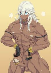 1boy abs anime_nose balls ballsack bara beefy blue_eyes cock_ring_(decorative) dark-skinned_male dark_skin erection human jin_jin long_hair_male male male_nipples male_only manly muscles muscular_male nude_male pecs penis scrotum shaved_crotch smooth_penis smooth_skinned_male standing sweat testicles white_hair