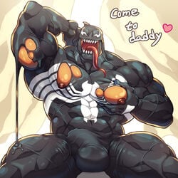 2boys abs alien areolae barazoku biceps blackmonster bulge english_text gay heart humanoid interspecies looking_at_viewer lying male male_only marvel muscular muscular_male nipples nude on_back open_mouth pecs sharp_teeth slime smile solo spider-man_(series) spoken_heart spread_legs spreading symbiote teeth text thick_thighs tongue tongue_out triceps venom_(marvel) yaoi