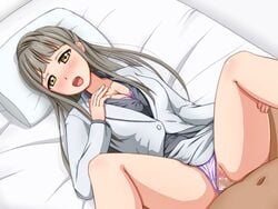 1boy blonde_hair blush bra breasts censored cum cum_in_pussy female large_breasts looking_at_viewer love_live! love_live!_school_idol_project male minami_kotori's_mother missionary oomugi_towai open_mouth panties panties_aside pink_bra pink_panties sex underwear vaginal_penetration yellow_eyes