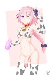 1boy ;) androgynous animal_print astolfo_(fate) balls bell bikini bikini_bra braid cow_accoutrements cow_horns cow_print cowbell elbow_gloves fate/grand_order fate_(series) femboy girly gloves large_penis moo_bitch one_eye_closed penis pink_hair purple_eyes smile solo swimsuit testicles thighhighs trap uncensored wink