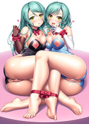 2girls :d aqua_hair areolae ass asymmetrical_docking bang_dream! bare_shoulders barefoot black_leotard blue_leotard blush bow bowtie braid breast_press breasts brown_gloves cleavage commentary crotchless crotchless_leotard detached_collar elbow_gloves eyebrows_visible_through_hair feet female female_only gloves green_eyes hand_to_own_mouth heart hikawa_hina hikawa_sayo innie_pussy lambda_(kusowarota) leotard long_hair looking_at_viewer medium_breasts multiple_girls nipple_cutout nippleless_clothes nipples open_mouth pussy red_bow red_neckwear red_ribbon ribbon skindentation smile take_your_pick toes white_gloves wrist_cuffs