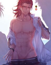 1boy abs granblue_fantasy kyuuri looking_at_viewer male_only muscles nipples percival_(granblue_fantasy) red_eyes red_hair standing underwear undressing wet