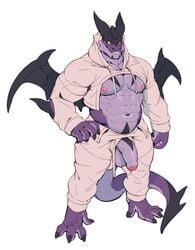 abs anthro balls big_muscles big_penis claws clothed clothing dragon flaccid grin hi_res high-angle_view horn humanoid_penis invalid_tag jacketbear looking_at_viewer male male_only meme muscular muscular_male navel nipples pants partially_clothed partially_retracted_foreskin pecs penis purple_skin simple_background smile solo standing tattoo teeth twitter_hoodie uncut vein white_background wings yellow_eyes