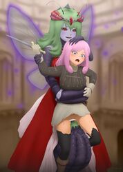 2girls antennae blue_eyes blush censored dress female ganima green_hair insect_girl insect_wings interspecies monster_girl multi_arm multi_limb multiple_girls no_panties open_mouth original pink_hair rape red_eyes restrained skirt sword thighhighs torn_clothes weapon wings yuri