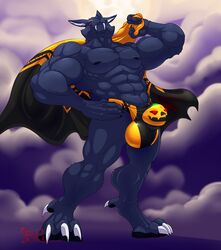 2018 3_toes 5_fingers abs animal_genitalia anthro bat biceps bulge cape claws clothing cloud digitigrade eyebrows fully_sheathed giovanni_(hungothenomster) glowing glowing_eyes grin hair hand_on_hip hungothenomster male male_only mammal muscular muscular_male muscular_thighs nipples pecs pose purple_background red_eyes sharp_teeth sheath simple_background smile snout solo standing teeth tight_underwear toes underwear white_hair