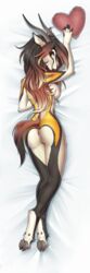 antelope anthro anus ass black_fur breasts brown_hair coy dakimakura_design f-r95 female fur gazelle hair heart hi_res horn long_hair looking_back lying mammal nipples nude open_mouth pillow pussy smile solo white_fur yellow_eyes yellow_fur zahra_(airheart)