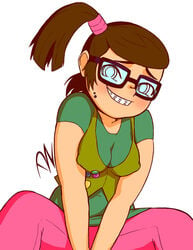 beth_(tdi) braces brown_hair dzyer female glasses nerd pink_pants shy sitting smiling total_drama_island vest