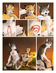 anthro anthro_on_anthro bodypaint canine comic cum cum_on_face edesk feline husky jaguar licking_cum male mammal penis romantic sisco_(artist) tribal yaoi