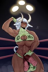 1futa animal_genitalia animal_penis balls big_balls big_breasts bovine breasts diphallia diphallism futa_only futanari g-ma half-erect horsecock intersex mammal multi_penis muscular muscular_futanari muscular_intersex penis sheath sirevisconde solo solo_futa standing wrestler wrestling_outfit