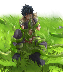 1boy anal black_boots black_hair boots cum gloves grass grassland looking_at_viewer male_only male_urethral_insertion outdoors penis tentacle tentacle_in_mouth tentacle_in_penis tentacle_on_male tentacle_rape tentacle_sex tied_up urethral_insertion