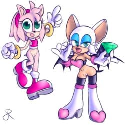 amy_rose bat bottomless clothed clothing female fur heart_bra_only hedgehog mammal pink_fur pussy rasenxoru rouge_the_bat sonic_(series) white_fur