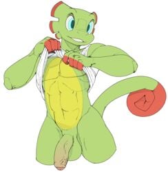 1boy 2018 anthro balls blue_eyes chameleon clothed clothing clothing_lift flaccid green_balls green_penis hi_res humanoid_penis lizard male male_only mightyworld muscular muscular_male navel open_mouth penis reptile scalie shirt shirt_lift simple_background sketch smile solo standing teeth uncut undressing vest video_games white_background yooka yooka-laylee