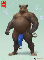 anthro balls belly boar fur furry gunther hooves loincloth male male_only penis penis_slip simple_background skimpy_clothes smile solo testicles underwear