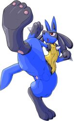 1boy 3_fingers 3_toes animal_genitalia anthro anus belly big_ass big_ears big_feet black_fur blue_fur cula feet fighting_stance fully_sheathed fur huge_ass large_ass leg_up looking_away lucario male male_only navel nintendo no_nipples nude open_mouth pawpads paws perineum pink_pawpads pokemon pokemon_(species) pokemon_dppt raised_leg red_eyes sheath soles solo spikes spread_legs standing super_smash_bros. tail teeth testicles thick_thighs thin_waist video_games white_background yellow_eyes yellow_fur