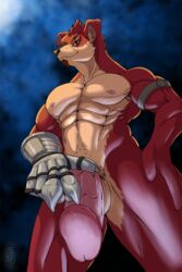 1boy 2018 abs anthro armpit_hair bandicoot bara chin_beard crash_(series) crunch_bandicoot fur furry green_eyes iudicium_86 low-angle_view male male_only mammal marsupial muscular muscular_male nipples nude penis robotic_arm solo testicles veiny_penis video_games