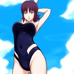 10s 1girls 2013 armpits breasts brown_eyes cameltoe cleavage curvaceous female half-closed_eyes human human_only kamisuki large_breasts navel nintendo pale-skinned_female pale_skin philena_ivy pokemon pokemon_professor pokemon_rgby purple_hair short_hair solo source_request swimsuit