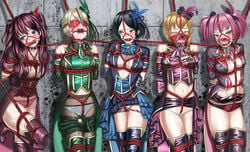 5girls after_deepthroat arms_behind_back ball_gag bit_gag black_hair blindfold blonde_hair blue_eyes bondage bound bound_together breasts brown_hair captive captured crotch_rope feathers femsub fleda flower gag gagged hair_feathers hair_flower hair_ornament harness_gag hayami_kanade helpless ichinose_shiki idolmaster idolmaster_cinderella_girls jougasaki_mika lipps_(idolmaster) long_hair miyamoto_frederica multiple_girls multiple_subs open_mouth_gag party_wipe peeing peeing_self plug_gag red_hair red_rope ring_gag rope saliva shibari_over_clothes shiomi_shuuko short_hair slave urination urine yellow_eyes