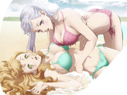 2girls all_fours artist_request beach bent_over big_breasts bikini black_clover blush breasts brown_hair busty cleavage cousins curvy female female_only green_eyes highres incest looking_at_viewer lying mimosa_vermillion noelle_silva official_art on_back purple_eyes screencap silver_hair stomach voluptuous wet yuri