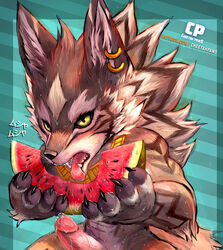 abs anthro biceps canine cheetahpaws claws cum cum_on_penis detailed ear_piercing eating erection fangs food fruit fur green_eyes humanoid_penis japanese_text jewelry male male_only mammal manly melon muscular necklace nude open_mouth orgasm penis piercing seth_(tokyo_afterschool_summoners) sharp_claws sharp_teeth solo sweat teeth text tokyo_afterschool_summoners tongue tongue_out vein veiny_penis watermelon whiskers wolf