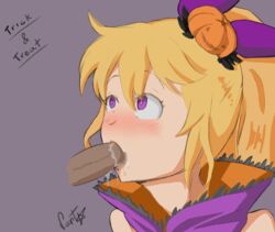 1boy 1girls blonde_hair blush cygames dark-skinned_male dragalia_lost duo elisanne fellatio female hair_ornament hair_piece halloween heart jack_o'_lantern male nintendo oral penis ponytail pumpkin saliva straight