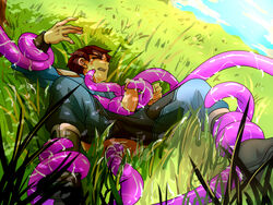 1boy anal black_boots boots boy_rape brown_hair cum gloves grass grassland male_only outdoors penis tentacle tentacle_on_male tentacle_rape tentacle_sex tentaclejob tentacles_around_arms tentacles_around_legs tied_up