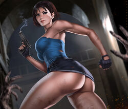 1girls armpits ass breasts capcom dandon_fuga female female_only gun jill_valentine jill_valentine_(sienna_guillory) looking_at_viewer medium_breasts panties resident_evil short_hair skirt solo