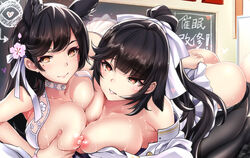 2girls animal_ears areolae ass asymmetrical_docking atago_(azur_lane) atago_(summer_march)_(azur_lane) azur_lane bangs bikini black_hair blush bow breast_hold breast_press breasts brown_eyes butt_crack classroom cleavage closed_mouth extra_ears eyebrows_visible_through_hair female female_only hair_flaps hair_ribbon hairbow heart heart-shaped_pupils indoors large_breasts light-skinned_female light_skin long_hair looking_at_viewer mole mole_under_eye multiple_girls nipples ponytail rakujin ribbon sakura_empire_(azur_lane) sidelocks smile sweat swept_bangs swimsuit symbol-shaped_pupils takao_(azur_lane) takao_(beach_rhapsody)_(azur_lane) uniform very_long_hair white_bikini white_bow white_ribbon