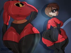 1girls 2d ass big_ass big_breasts bodysuit canonical_scene clothed clothed_female clothing color elastigirl female female_only fully_clothed helen_parr huge_ass huge_breasts looking_at_mirror looking_at_self looking_back mask milf mirror okioppai okioppailegit reflection solo standing the_incredibles thick_thighs thighs voluptuous