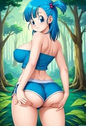 ai_generated back_view big_ass big_breasts blue_eyes blue_hair bulma_briefs civitai dolphin_shorts dragon_ball dragon_ball_z large_breasts shorts tube_top tubetop