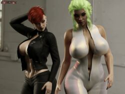 2girls 3d akasha_skapova artist_name bare_shoulders big_breasts breasts brown_eyes busty cdcnk cleavage clothed curvy dark-skinned_female dark_skin detailed_background dress ear_piercing earrings erect_nipple erect_nipples eyelashes female female_only front_view green_eyes green_hair hoop_earrings hourglass_figure huge_breasts human indoors inside lip_piercing lipstick looking_at_viewer lucy_deavo makeup multiple_females multiple_girls nail_polish nipple_bulge no_bra nose_piercing nude open_clothes piercing pose posing red_hair red_lipstick room shadow shiny shiny_skin short_hair standing tattoo thumb_ring voluptuous white_dress wide_hips