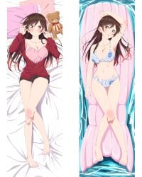 arm_up armpits bare_belly bare_legs bare_shoulders bare_thighs barefoot bed_sheet belly_button big_breasts bikini black_shorts blush breasts brown_eyes brown_hair clenched_teeth collarbone dakimakura dakimakura_design embarrassed feet kanojo_okarishimasu knee_blush long_hair lying mizuhara_chizuru mouth_closed nail_polish night_gown official_art open_mouth open_shirt pillow pool red_shoes shirt shorts thighs toes water wet_body