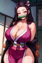 1girls ai_generated alternate_body_type alternate_breast_size big_breasts black_hair breasts cleavage female female_only gag gagged gradient_hair hair_ornament hips_wider_than_shoulders huge_breasts kamado_nezuko kemono kimono long_hair looking_away orange_hair pink_eyes purple_eyes sash solo solo_female stable_diffusion tampopo thick_thighs two_tone_hair undressing wide_hips