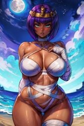 1girls ai_generated armlet bandages big_breasts bob_cut capcom circlet cleavage criss-cross_halter dark-skinned_female dark_skin desert female female_only green_eyes kindentation large_breasts menat moon mummy mummy_costume mummy_wrappings navel night ocean outdoors outside parted_lips purple_hair short_hair sky solo solo_female stable_diffusion stars street_fighter street_fighter_v tampopo thick_thighs thighhighs wide_hips
