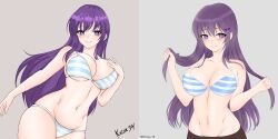 bra doki_doki_literature_club edit female holding_hair looking_at_viewer smiling solo_female striped_bra striped_panties tagme underwear yuri_(doki_doki_literature_club)