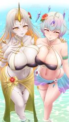 1girls 2girls alternate_costume amezuku aqua_hair asymmetrical_docking bikini black_bikini black_swimsuit bob_cut breast_press breasts cleavage colored_inner_hair female female_only fire_emblem fire_emblem_heroes flower grey_hair gullveig_(fire_emblem) gullveig_(summer)_(fire_emblem) hair_flower hair_ornament hand_on_another's_shoulder highres horns hourglass_figure large_breasts long_hair multicolored_hair multiple_girls nintendo official_alternate_costume purple_hair seidr_(fire_emblem) seidr_(summer)_(fire_emblem) smile swimsuit thigh_gap thighs wide_hips yellow_eyes yellow_horns