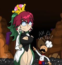 1boy 1girls background big_breasts bowsette breasts chef chef_hat clothing color crossover doctor fcosg female flipline_studios goggles newgrounds papa_louie papa_louie_(character) radish radley_madish_(papa_louie) tagme text thighs video_game_character video_games