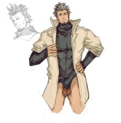 1boy ace_(zero_escape) bara beard buff erection_under_clothes erection_under_clothing goatee hand_on_hip jacket luboyaqqz male_focus male_only masculine muscular partially_clothed solo solo_male tight_clothing white_background zero_escape