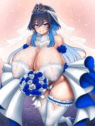 alternate_breast_size bare_shoulders blue_eyes blue_footwear blush bouquet bra breasts bridal_veil covered_erect_nipples cowboy_shot elbow_gloves female flower frills gloves gradient_background grin high_heels hololive hololive_english huge_breasts long_hair looking_at_viewer multicolored_hair ouro_kronii panties pink_background revealing_clothes ryusuke_kh ryusuke_kh_(ryusuke_kyte_hagane) smile solo standing standing_on_one_leg star_(symbol) starry_background thighhighs tiara two-tone_hair underwear veil virtual_youtuber white_bra white_gloves white_panties white_thighhighs