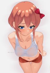 1girls bangs belly blue_eyes blush bow doki_doki_literature_club embarrassed female hair_bow hourglass_figure kun_kaiss large_breasts light-skinned_female light_skin looking_at_viewer navel sayori_(doki_doki_literature_club) see-through see-through_clothing short_hair shorts shy slim_waist solo sportswear sweat sweatdrop sweaty tank_top thighs wide_hips