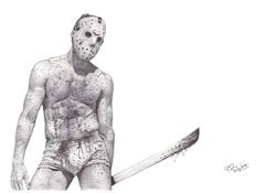 biro bulge flaccid friday_the_13th halloween horror jason_voorhees male male_only monochrome pinup solo solo_male wright_(artist)