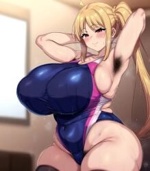 ai_generated alternate_breast_size armpit_fetish armpit_hair armpits bare_legs bbw blonde_hair bocchi_the_rock! breasts_bigger_than_head chubby_female deepjungle fat fat_female fat_woman female_armpit_hair gigantic_breasts hairy_pussy huge_breasts huge_thighs ijichi_nijika light-skinned_female light_skin massive_breasts nai_diffusion one_piece_swimsuit pubes_exposed red_eyes side_ponytail solo_female squatting sweat sweatdrop thick_body thick_female thick_thighs thighs voluptuous voluptuous_female