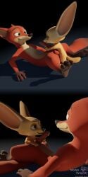 3_toes 3d_(artwork) 4_fingers absurd_res animal_genitalia anthro balls big_ears black_nose blender_(artwork) brown_eyes canid canine canine_genitalia claws countershading digital_media_(artwork) disney duo english_text erection feet fennec_fox fingers finnick_(zootopia) fox genitals gloves_(marking) green_eyes half-closed_eyes hi_res holding_penis licking lying male male/male mammal markings multiple_angles narrowed_eyes nick_wilde on_back one_eye_closed oral orange_body pawpads paws penetration penile penile_penetration penis penis_lick pink_penis rockyrcoon sex simple_background size_difference slightly_open_mouth smile standing tail tan_body text toes tongue tongue_out true_fox watermark zootopia