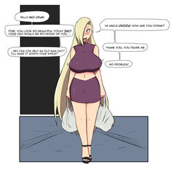 1girls akimichi_chouza big_breasts blonde_hair breasts english_text female female_only high_heels holding_object ino_yamanaka long_hair mastr7up midriff nail_polish naruto navel_piercing nipple_piercing open_toe_shoes purple_nails skirt solo speech_bubble standing text thighs