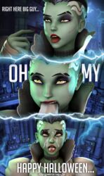 3d ahe_gao bride_of_frankenstein bride_sombra caption comic comicpornnation cum cumshot fellatio female green_skin halloween male_focus oral overwatch partial_male penis pointing sombra source_filmmaker tongue tongue_out wedding_dress zombie